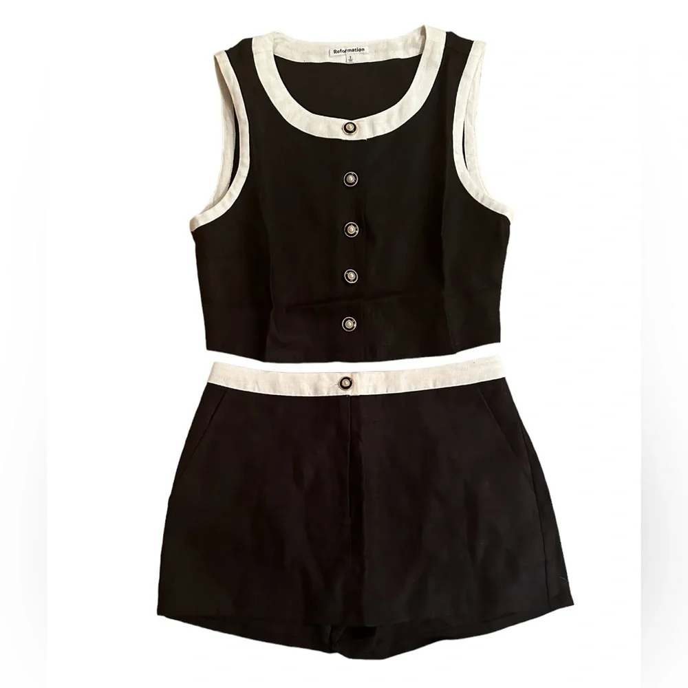 NEW Reformation Roxy Linen Two Piece Skort in Black White Contrast | size 2 - Picture 7 of 11